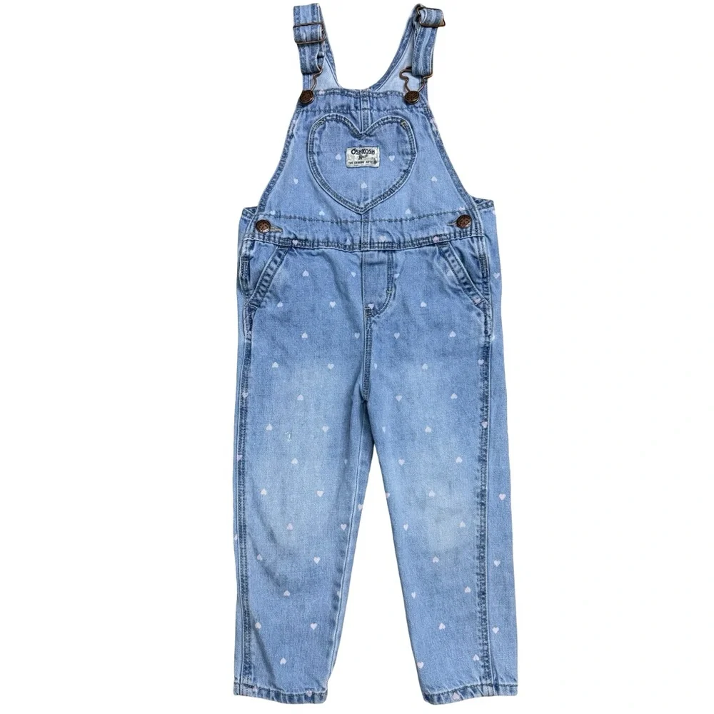 OshKosh B'gosh Light Blue‎ with pink hearts Denim Overalls 3T
